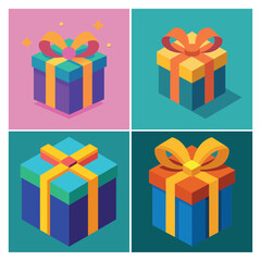 Whimsical Valentine’s Day Gift Boxes with Balloons & Hearts, Creative flat vector gift box illustrations with heart-shaped balloons and flying doves