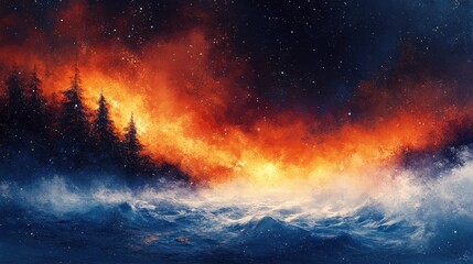 Fiery winter forest fire, snowy landscape, night