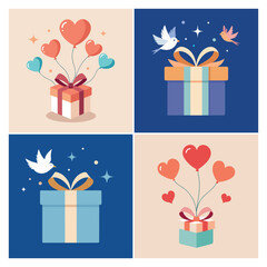 Cute Cartoon Gift Boxes with Smiling Faces & Festive Decorations, Adorable cartoon style vector gift boxes with smiling faces, ribbons, and festive decorations. Perfect for kids