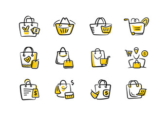 Set of shopping vector icon on white background. illustration, doodle