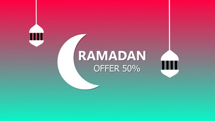 Ramadan offer announcement featuring crescent moon lanterns and 50 percent discount celebrating the holy month of fasting in islam