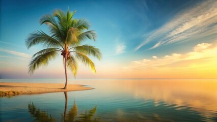 Serene Sunset Seascape Lone Palm Tree on Secluded Sandy Islet, Tranquil Ocean Waters Reflecting Golden Sky