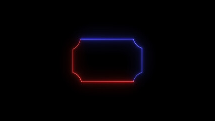 Glowing neon ticket shape with red and blue outline against a black background illustrating event access or celebration concept.