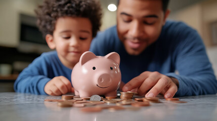 Father and Son Together Saving Money with Piggy Bank and Coins on Table at Home