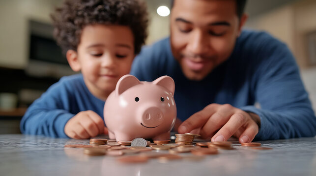 Father and Son Together Saving Money with Piggy Bank and Coins on Table at Home