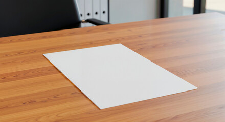 mockup, Blank white paper placed on a wooden office table with a chair in the background