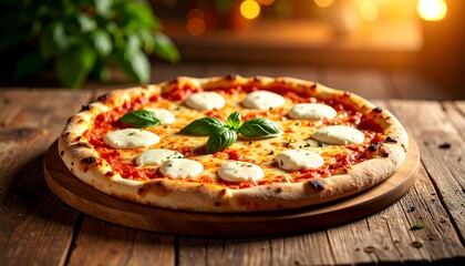 Delicious margherita pizza with melted mozzarella cheese. Italian cuisine. Food background. Freshly baked, served on a wooden board. Restaurant menu, advertising, concept poster.