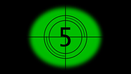 Countdown number five appearing in a green and black film reel countdown animation for visual effects and movie concepts.