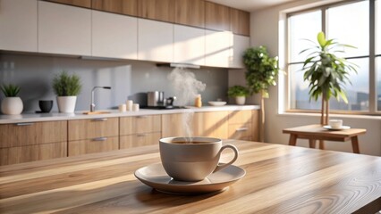 Obraz premium Aromatic morning beverage in a contemporary kitchen setting, sunlight streaming through a window illuminating a warm wooden table