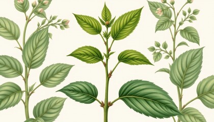 a realistic botanical illustration of a tulsi plant with detailed leaves and stem