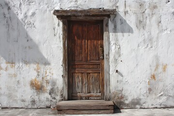 Fototapeta premium Aged brown door on white weathered wall aesthetic 