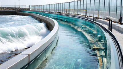 Obraz premium Coastal Barrier Wall Integrated With Tidal Energy System, Ideal For Blue Tech Infrastructure, Climate Defense Projects, And Marine Engineering Visuals