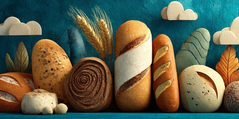 Advertising banner of a bakery baking fresh bread with golden crusts in a warm kitchen, showing skilled bakers working with dough and traditional ovens, highlighting artisanal baking process.