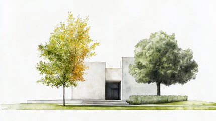 Modern minimalist architecture with vibrant trees in foreground, showcasing sleek design and natural beauty at the entrance