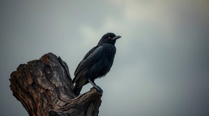 Majestic Black Bird on Weathered Stump: A Darkly Serene Photograph