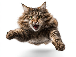 Obraz premium Close-up of fluffy cat jumping, with stripes, pointed ears, open eyes, teeth visible Neutral background, bright, even lighting, realistic style, high angle perspective - AI-Generated