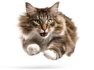Obraz premium Close-up photograph of a multi-colored cat mid-jump against a plain light background The cats fur is primarily brown and white, with a concentrated expression, paws extended - AI-Generated