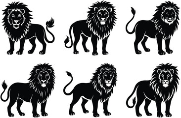 This is a vector illustration set featuring black silhouette icons of various dog breeds, a collection of mammal animals