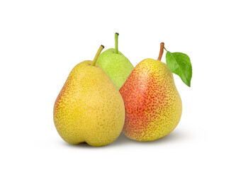 Pear with leaf isolated on white background. Green, yellow and red pear fruits.