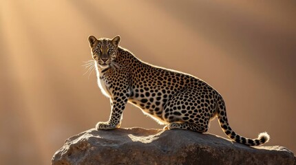 Majestic Leopard: Golden Hour Portrait, Wild Cat on Rock