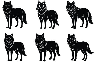 A vector illustration features a collection of black cat silhouettes, a set of pet animal icons in a nature-inspired design