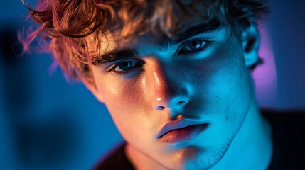 Close-up portrait of a young man with vibrant lighting
