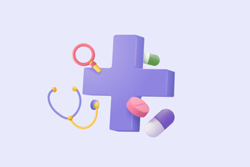3d pharmacy drug for health pharmaceutical on purple background. Cartoon minimal of first aid and health care. Medical symbol of emergency help. 3d aid medicine icon vector render illustration