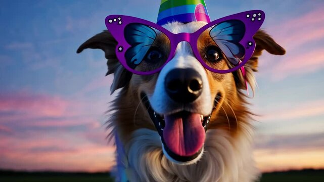 Festive Furry Friend: Dog in Sunglasses and Party Hat
Concept: Celebration, joy, pet party