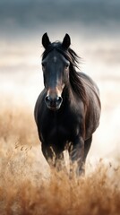 Black horse running through tall yellow grass in an open field during the golden hour light