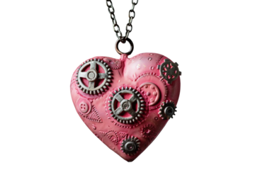 Pink Heart with Metal Gears Hanging on a Chain Varient 2