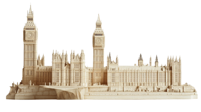 Detailed architectural model of Houses of Parliament against a stark background