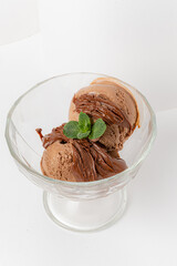 Three scoops of rich chocolate ice cream topped with fresh mint leaves create a tempting dessert