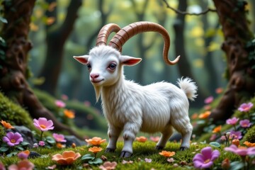 Obraz premium a whimsical, fantasy goat with horns curled into decorative shapes, set in a magical forest scene