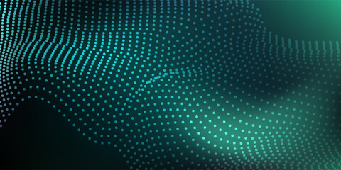 Fototapeta premium Futuristic green particle wave on a dark gradient background, dynamic flow of digital dots creating a modern tech-inspired abstract design.