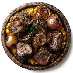 Fototapeta premium Delicious Roasted Beef Cubes with Caramelized Onions and Creamy Barley in Wooden Bowl