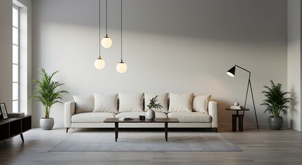 Serene Minimalist Living Room: Soft Lighting and Neutral Tones