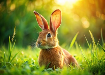 Adorable Red Rabbit Grazing on Lush Green Grass - Candid Wildlife Photo
