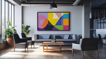 Abstract artwork with geometric shapes in a modern office