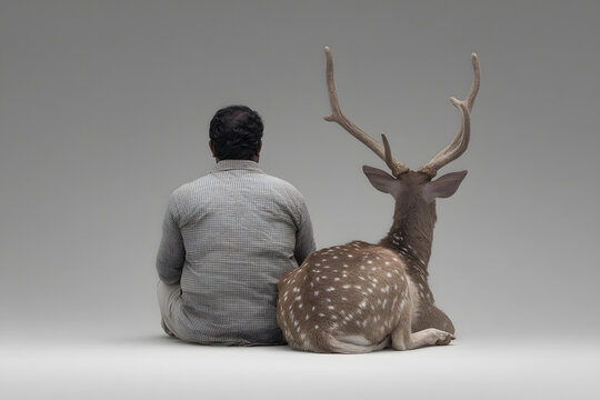 South Asian man sitting side by side with antlered deer, both facing away in portrait