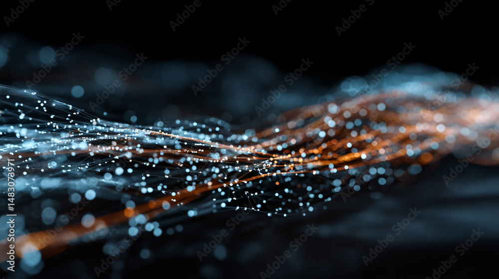Poster abstract blue and orange digital network data flow background image web dots wave dark glow lines cy