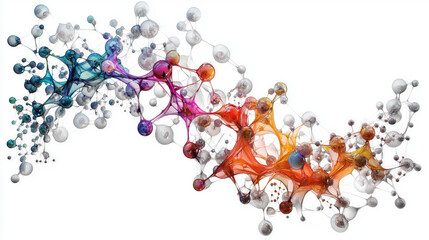 Colorful molecular structure with interconnected atoms and bonds, representing complex biomolecular network in dynamic and artistic visualization style