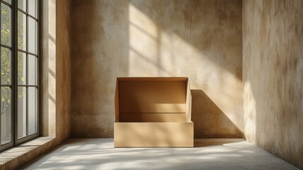 Empty cardboard box in a sun-drenched room