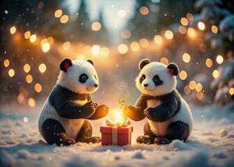 Adorable Pandas Sharing Holiday Gifts in Snowy Night