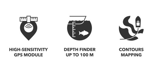 Fishfinder icons - Contours mapping, High-sensitivity GPS, Depth finder. in monochrome style