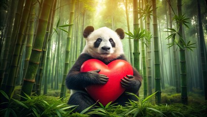 Obraz premium Adorable Panda Holding Red Heart: Valentine's Day Wildlife Concept