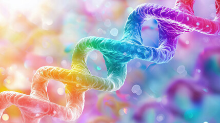 Colorful DNA strand with bright abstract background, showing molecular structure and genetic concept in vibrant hues, creating visually striking and dynamic scientific illustration