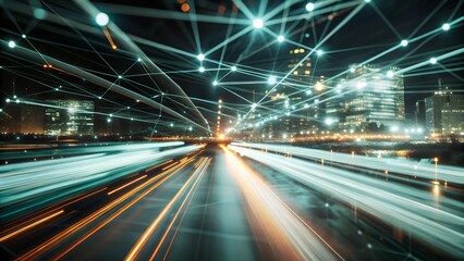 Night lights blur on the city highway as car traffic creates streaks of motion