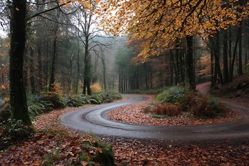 Autumnal road with magical leafy whirlpool design  

