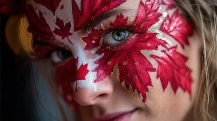 Beautiful girl's face painted with red maple leaves body art close-up