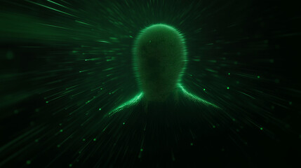 futuristic digital human heads dissolving into data and light particles
